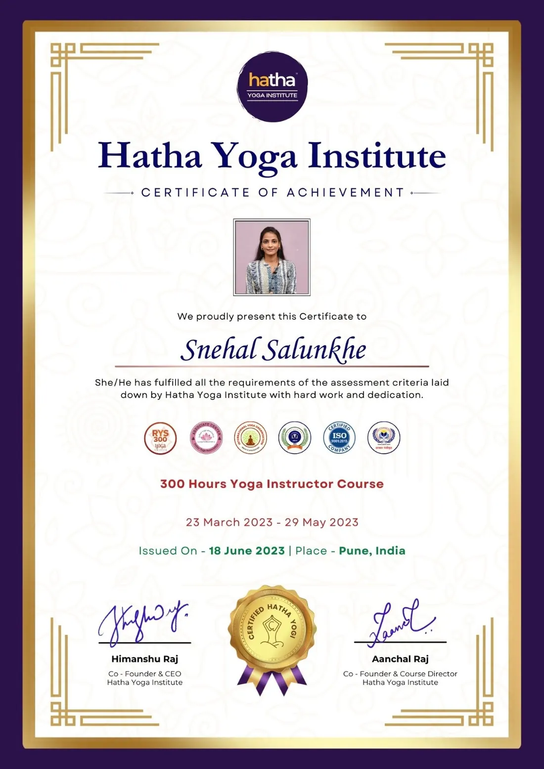 300 Hours Yoga Teacher Training Course for Snehal Salunkhe