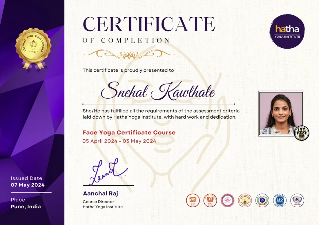 Faceyoga Certificate for Snehal Salunkhe