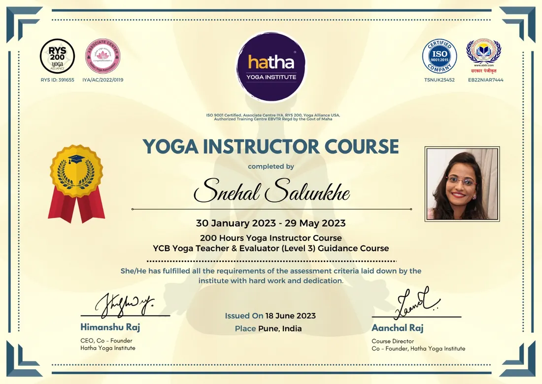 200 Hours Yoga Instructor Course for Snehal Salunkhe