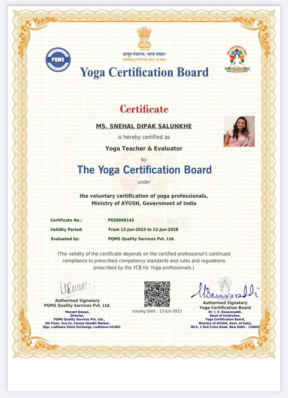 YCB Yoga Teacher & Evaluator (Level 3) Guidance Course for Snehal Salunkhe