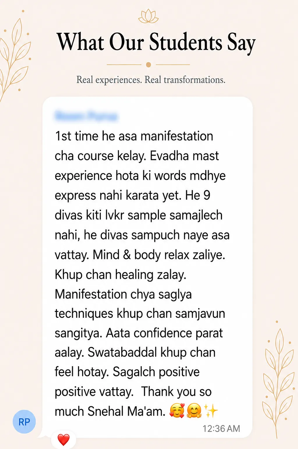 Snehyoga manifestation student review 1 Student review screenshot for Snehyoga manifestation, mindset, and emotional release practice 1