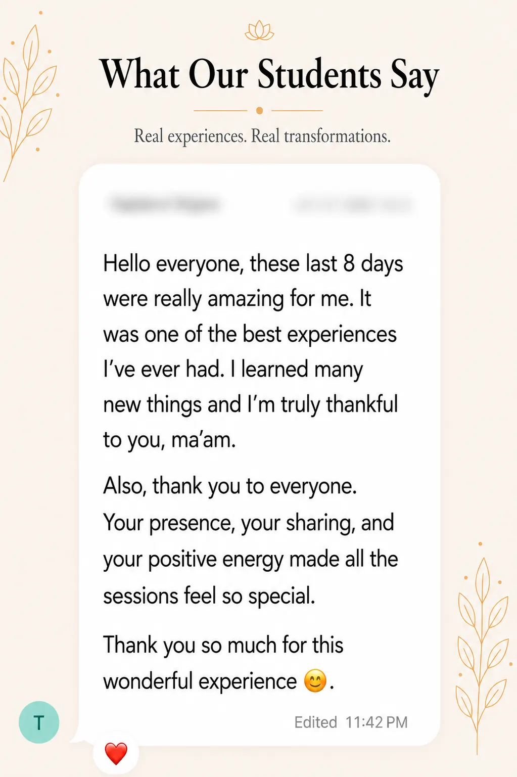 Snehyoga manifestation student review 5 Student review screenshot for Snehyoga manifestation, mindset, and emotional release practice 5