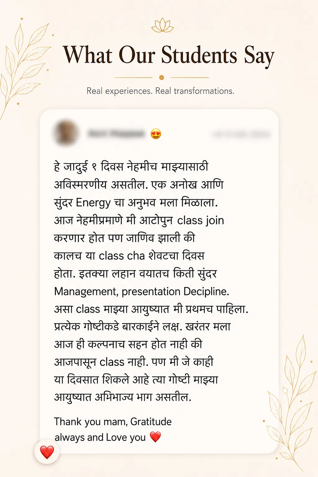 Snehyoga manifestation student review 10 Student review screenshot for Snehyoga manifestation, mindset, and emotional release practice 10