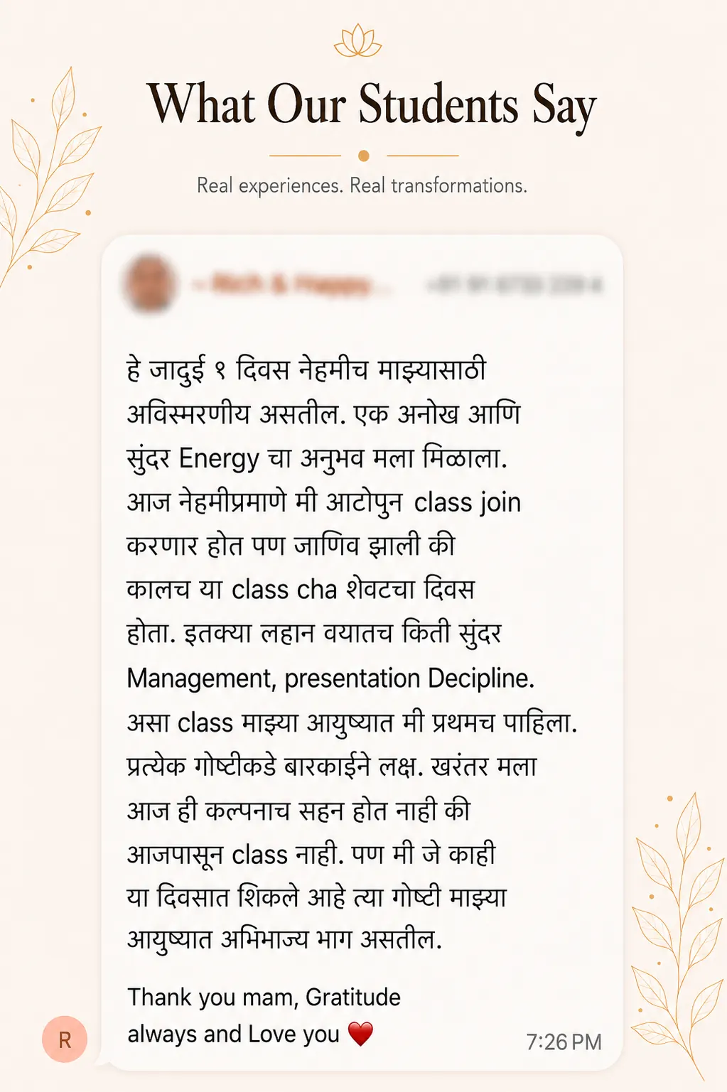 Snehyoga manifestation student review 11 Student review screenshot for Snehyoga manifestation, mindset, and emotional release practice 11