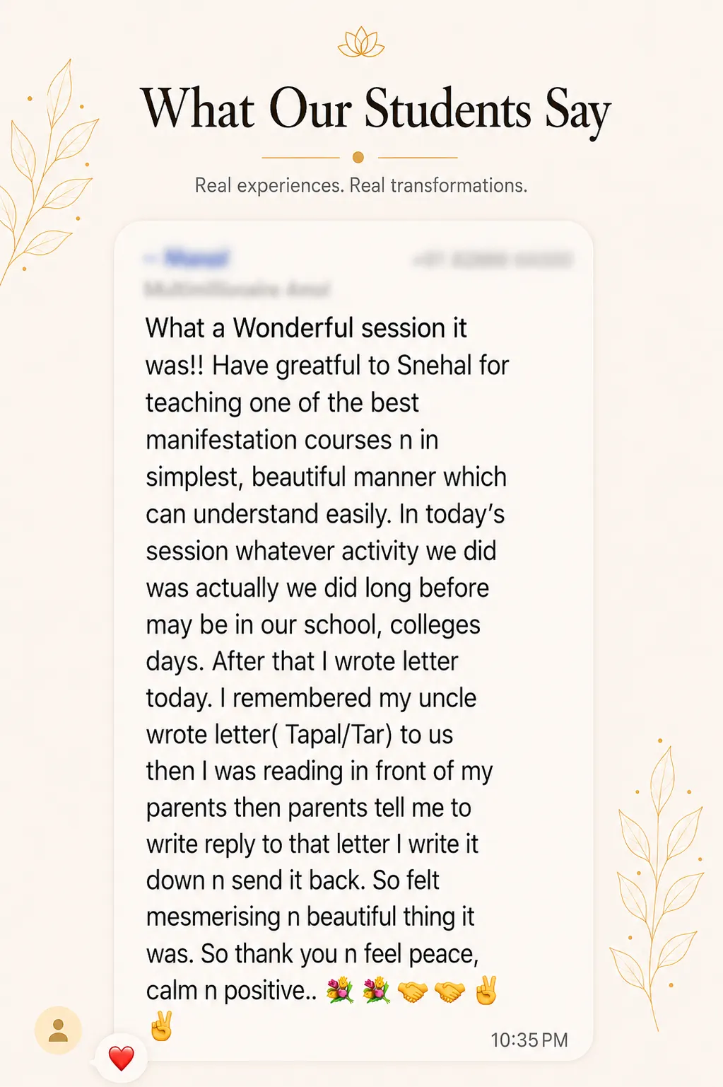 Snehyoga manifestation student review 14 Student review screenshot for Snehyoga manifestation, mindset, and emotional release practice 14