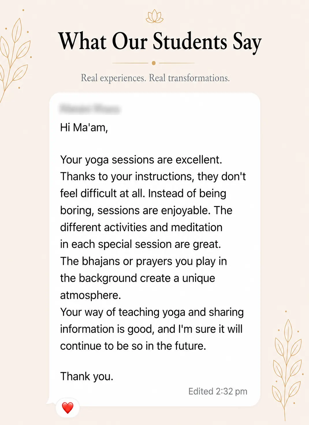 Snehyoga yoga class student review 2 Student review screenshot for Snehyoga online yoga classes and guided daily yoga practice 2