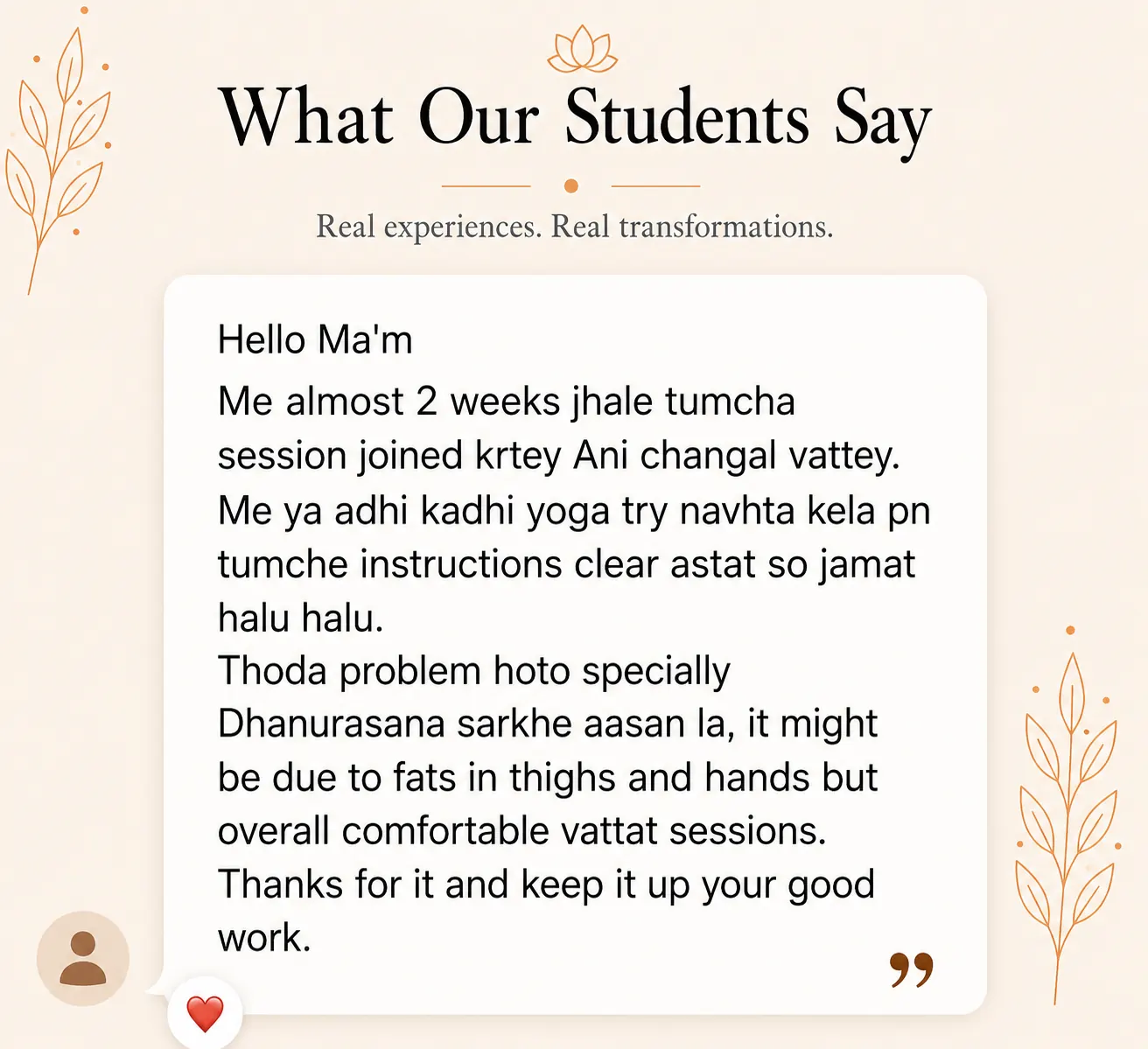 Snehyoga yoga class student review 6 Student review screenshot for Snehyoga online yoga classes and guided daily yoga practice 6