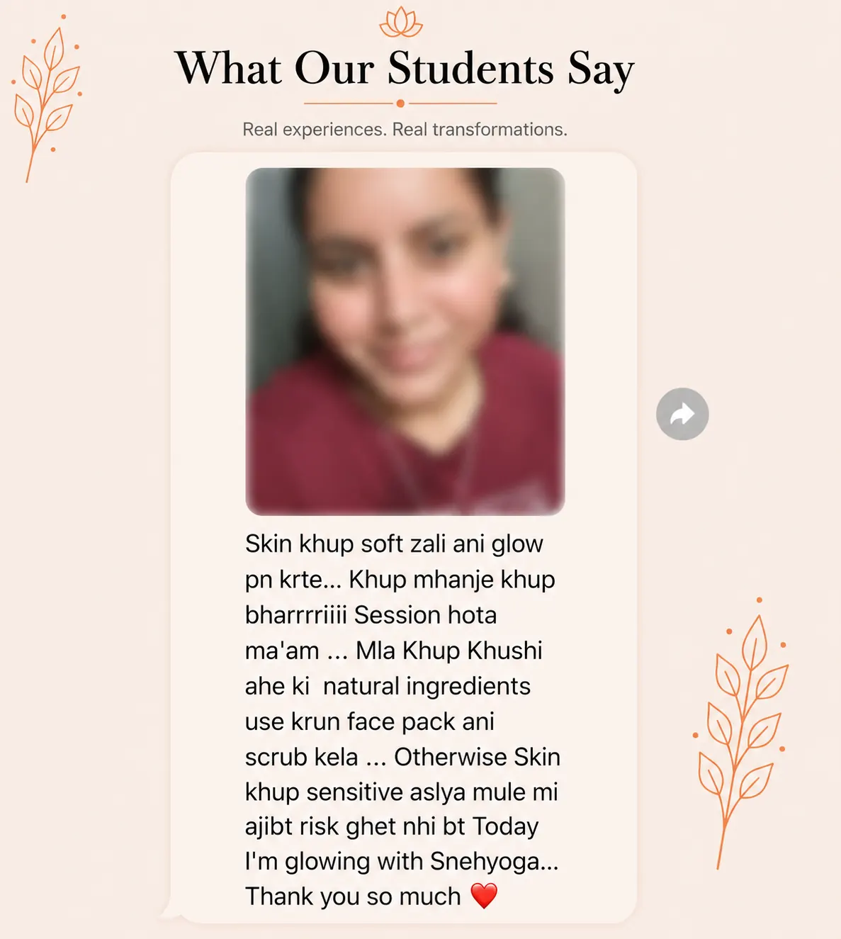 Snehyoga yoga class student review 12 Student review screenshot for Snehyoga online yoga classes and guided daily yoga practice 12