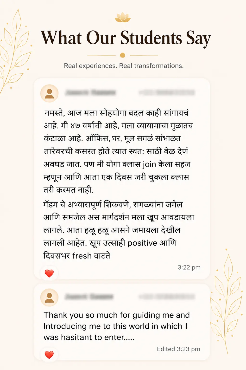 Snehyoga yoga class student review 16 Student review screenshot for Snehyoga online yoga classes and guided daily yoga practice 16
